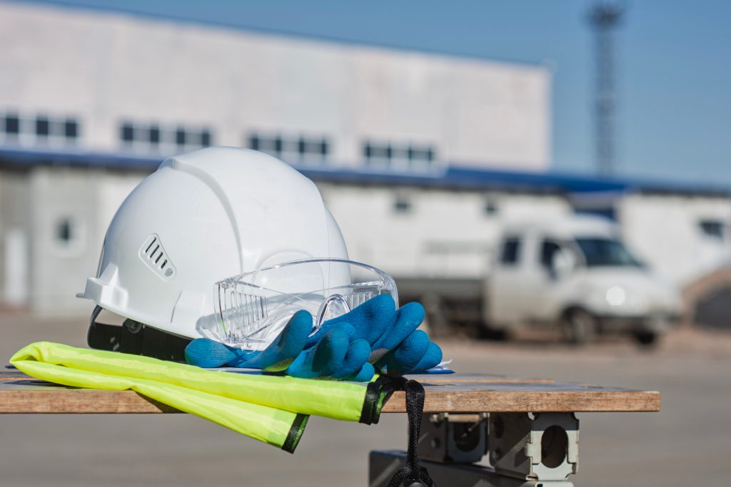 Photo d'équipements de protection individuels, casque, gants, gilet fluorescent, postés sur un établi en extérieur